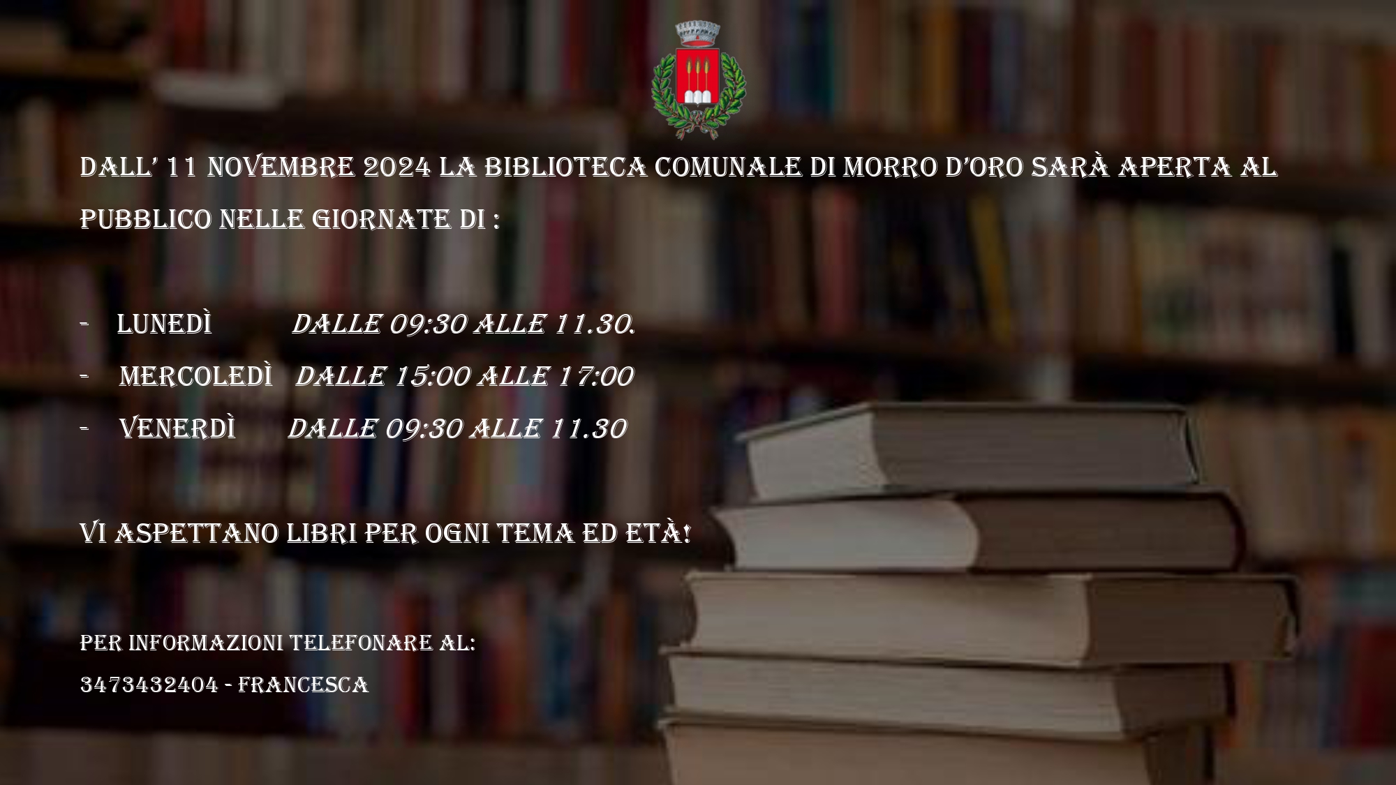 Immagine per la notizia 'APERTURA DELLA BIBLIOTECA COMUNALE'